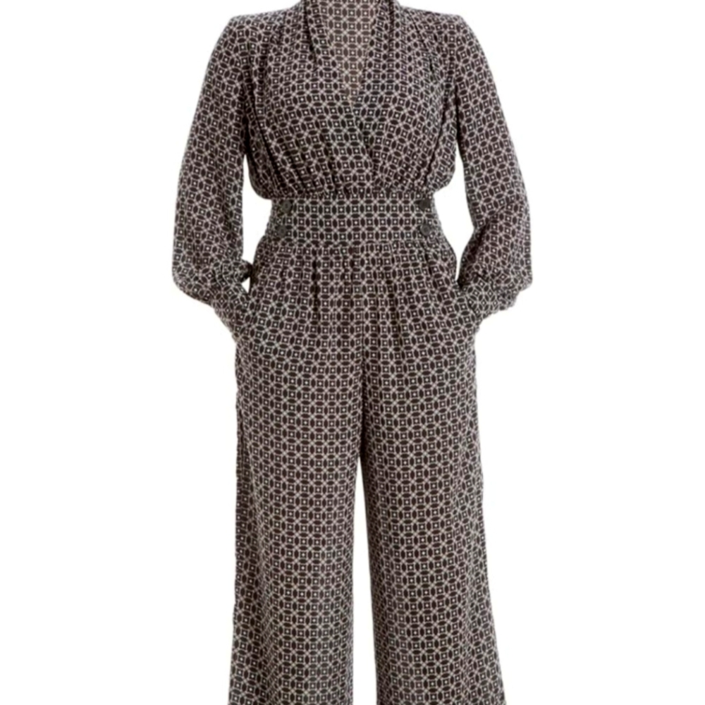 Max Studio Black White and Brown Patterned Long Sleeves Jumpsuit, Medium